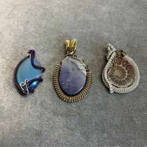handmade wire-wrapped gemstone pendants blue agate purple agate ammonite fossil